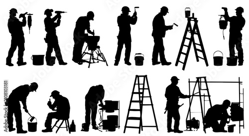 Konstfotografi Construction Worker Silhouettes, DIY Home Renovation Icons, Building Industry Pr