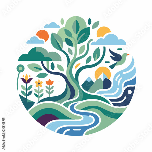 Stylized circle of nature with tree sun clouds river and mountains