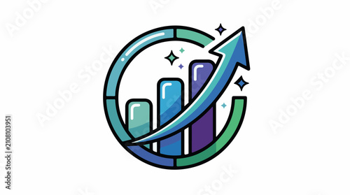 Stylized chart with upward arrow and sparkles on white background