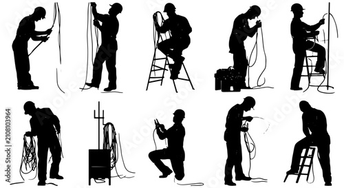 Photography Electrician Silhouette Set, 10 Vector Icons: Wiring, Installation, Maintenance,