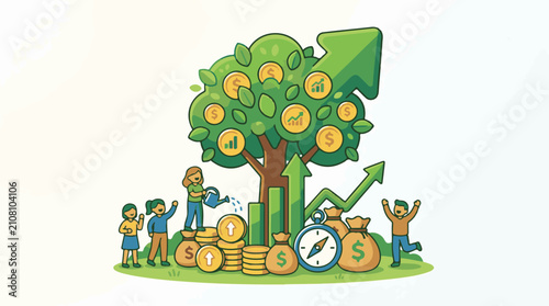 Stylized cartoon of a money tree with people tending to it symbolizing growth
