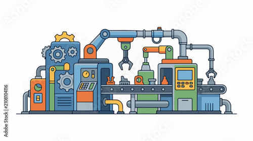 Stylized cartoon factory assembly line with robotic arms and conveyor belts
