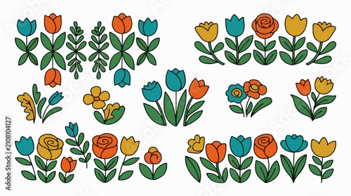 Stylized cartoon flowers in teal orange and yellow hues