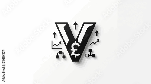 Stylized capital V with pound symbol ascending arrows and charts