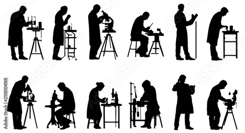 Foto Scientist Silhouettes Collection: Laboratory Research, Microscope Use, Flasks, B