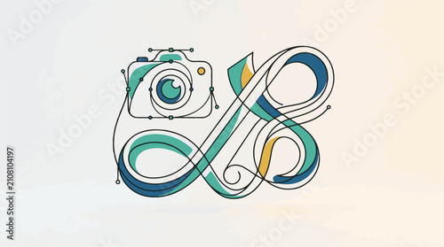 Stylized camera and abstract organic shapes in blue green and yellow