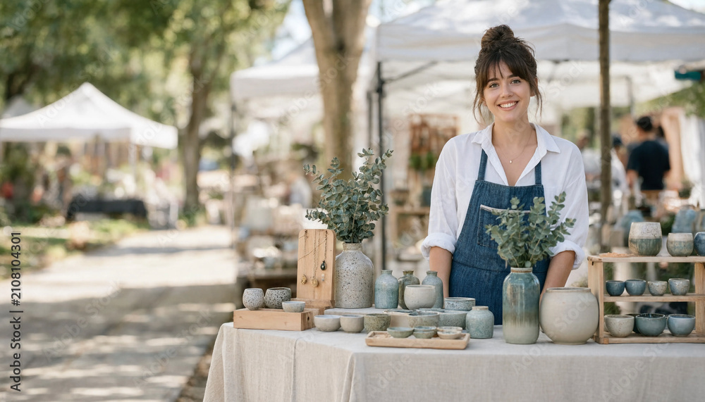 Naklejka premium A young woman sells handmade ceramic pots and tableware at an outdoor market stall, smiling and standing behind a display of vases and bowls. The scene shows a bright daytime craft market atmosphere.