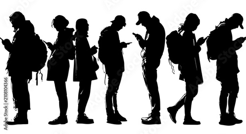 Foto Diverse Group of People Silhouettes Using Smartphones, Connected Generation, Dig