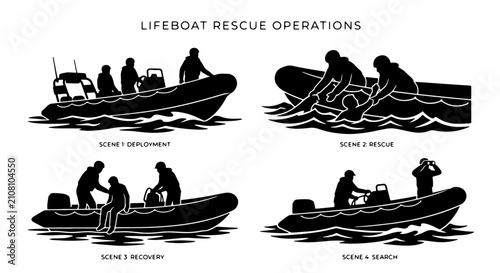 Lifeboat Rescue Operations Set: Deployment, Rescue, Recovery, Search Scenes, Vector Graphics for Emergency Services and Maritime Safety