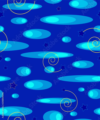 Abstract seamless background with droplets, stripes, and highlights on a blue background. Vector.