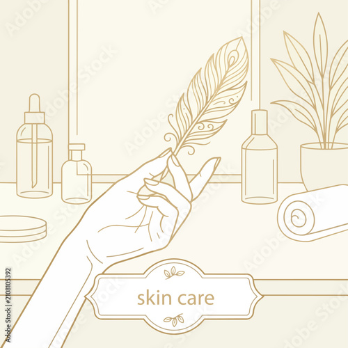 Premium hand holding feather vector line icon representing delicate skin care