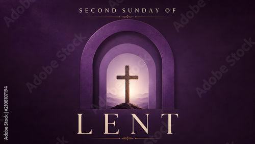 Second sunday of lent religious background with a cross framed by arches, purple aesthetic for church service