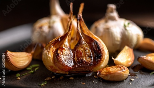 Roasted Garlic Captivating Shot Of Roasted Garlic Displaying A Rich Golden Brown Exterior The Bulb Is Split To Showcase The Texture Of The Cloves Evoking Culinary Delight