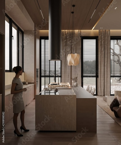 Modern Kitchen Island with Pendant Light and City View