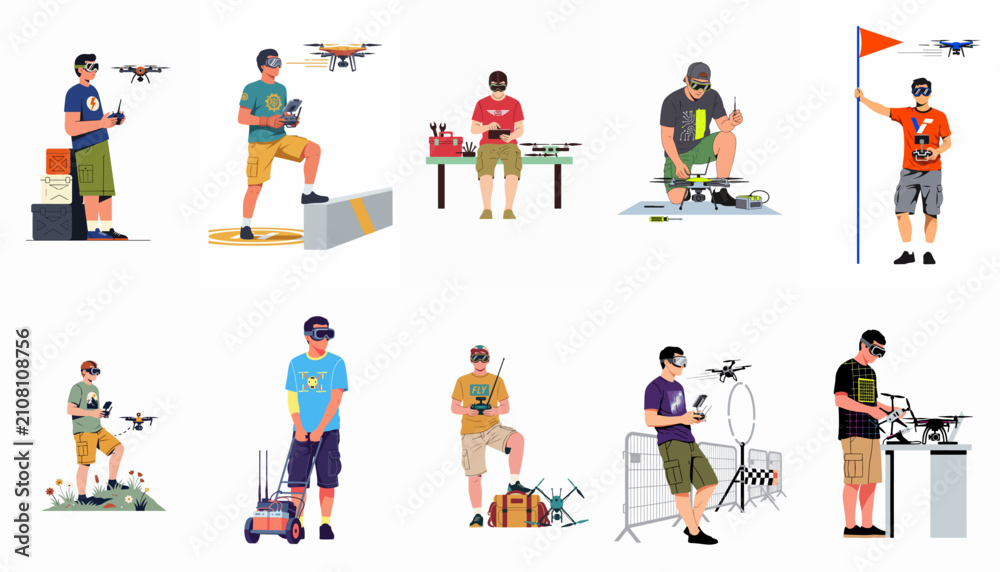 Fototapeta premium Flat vector illustrations of men operating, repairing, and racing drones using FPV goggles and remote controls in various outdoor and indoor settings.