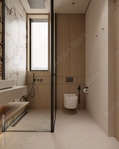 Modern Minimalist Bathroom with Wall-Mounted Toilet and Walk-in Shower