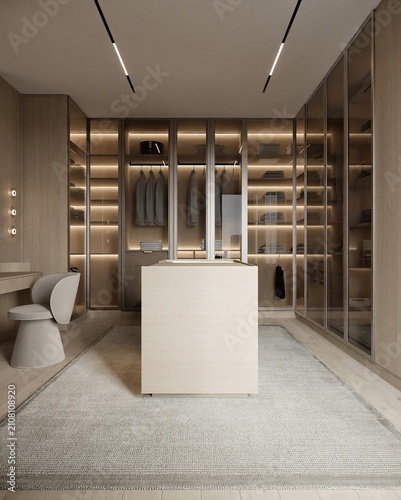Modern Minimalist Walk-In Wardrobe with Integrated Vanity and Lighting