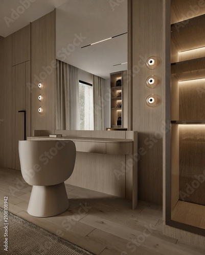 Modern Luxury Vanity with Minimalist Wooden Wall and Rounded Lighting