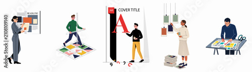 Fotografie Set of diverse professionals engaged in various editorial design and magazine publishing processes, including layout creation, typography, and content curation