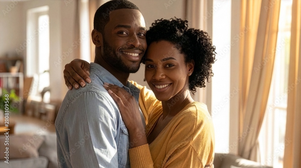 Obraz premium Couple Embracing in Bright Living Room Smiling Together