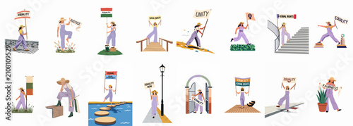 A diverse collection of illustrations featuring a young woman advocating for equality, justice, human rights, and social unity in various symbolic settings.
