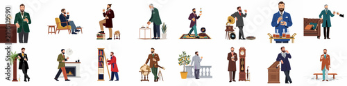 Cuadro en lienzo Collection of elegant dapper gentlemen in formal attire enjoying whiskey and luxury leisure activities, flat vector illustration set on white background