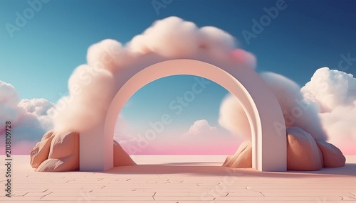 D Render Surreal Desert Landscape With White Arche And Pink Clouds In The Blue Sky Modern Minimal Abstract Background Premium Podium Made Of Stone On Send Background With Smoke Fluffy Clouds