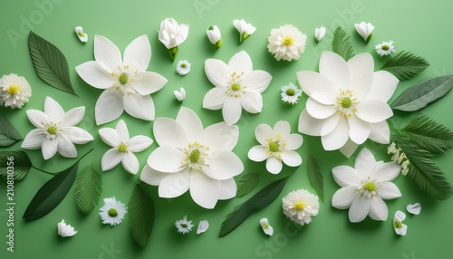 Delicate White Flowers Arranged On A Soft Green Background For Spring Decor