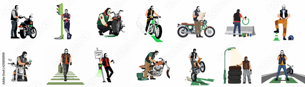Obraz premium Collection of diverse motorcycle rider illustrations wearing skull masks, featuring scenes of riding, bike maintenance, street art, and biker subculture in flat style.