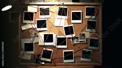Fotografía Investigation board with photographs and connecting red strings a digital illust