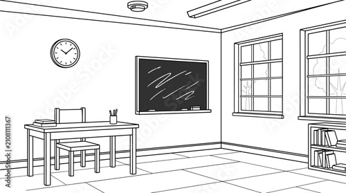 Hand drawn sketch of an empty classroom interior with desk and chalkboard.