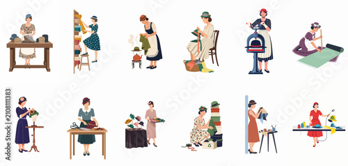 фотографія Collection of flat vector illustrations depicting women engaged in various stages of the traditional millinery and hat-making process in a vintage style
