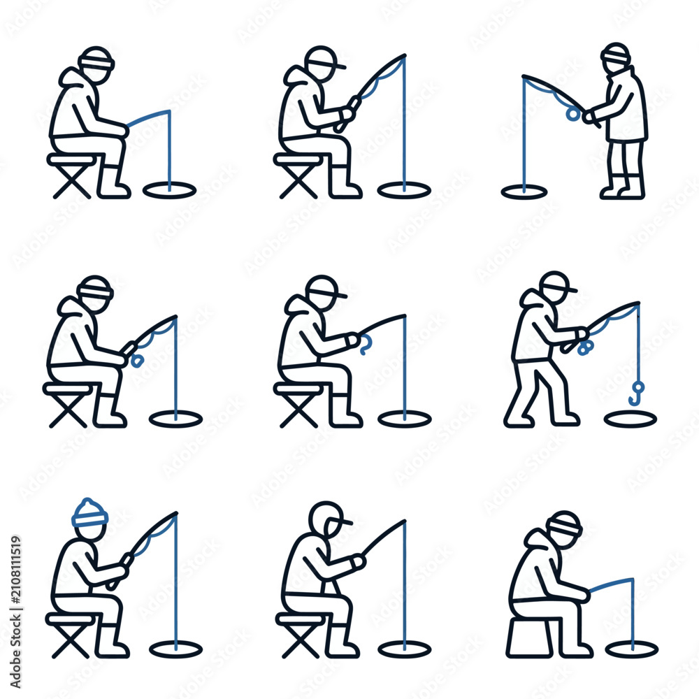 Fototapeta premium Ice Fishing Icons Set Winter Activity Line Art.