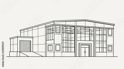 Architectural line drawing of a modern industrial warehouse building.