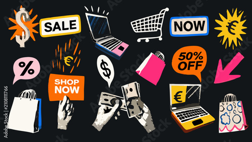 Photos Collage of retail elements including currency symbols shopping bags and laptop c
