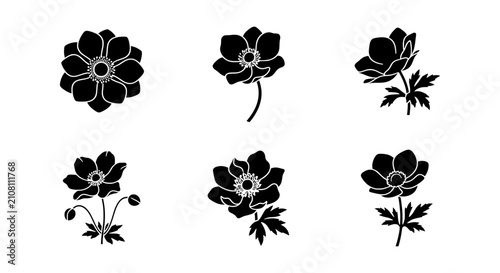 Elegant Anemone Flower Silhouettes, Black Botanical Vector Icons, Delicate Floral Graphics