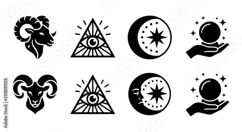 Bild auf Leinwand Mystical Zodiac Ram, All-Seeing Eye, Crescent Moon Icons Set, Fortune Teller Cry