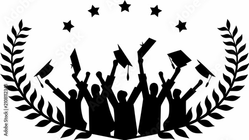 Graduation crowd silhouette with laurel wreath and stars a bold black and white graphic academic achievement black and white