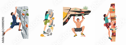 Canvas Print Vector illustration set featuring diverse men and women practicing rock climbing and bouldering on natural rock surfaces and an indoor climbing wall