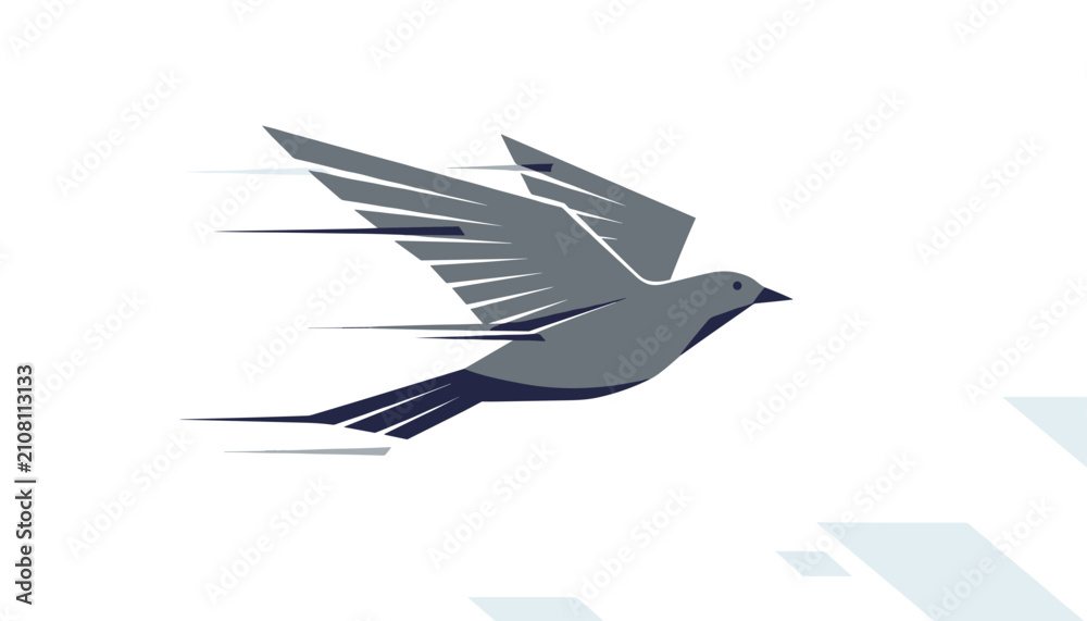 Obraz premium Stylized gray bird flies forward dynamically with motion lines depicting speed and agility against a white background.