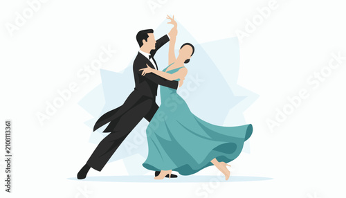 Professional ballroom dancing couple gracefully performs an elegant dance move with the woman in a flowing teal gown.