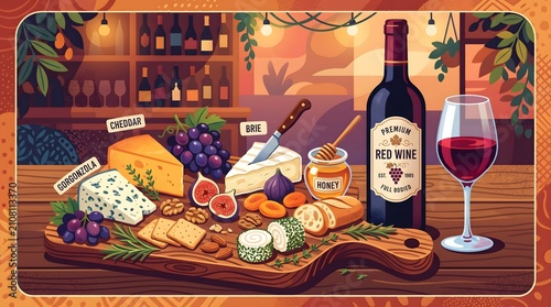 Gourmet Cheese Board with Premium Red Wine Colorful Vector Illustration