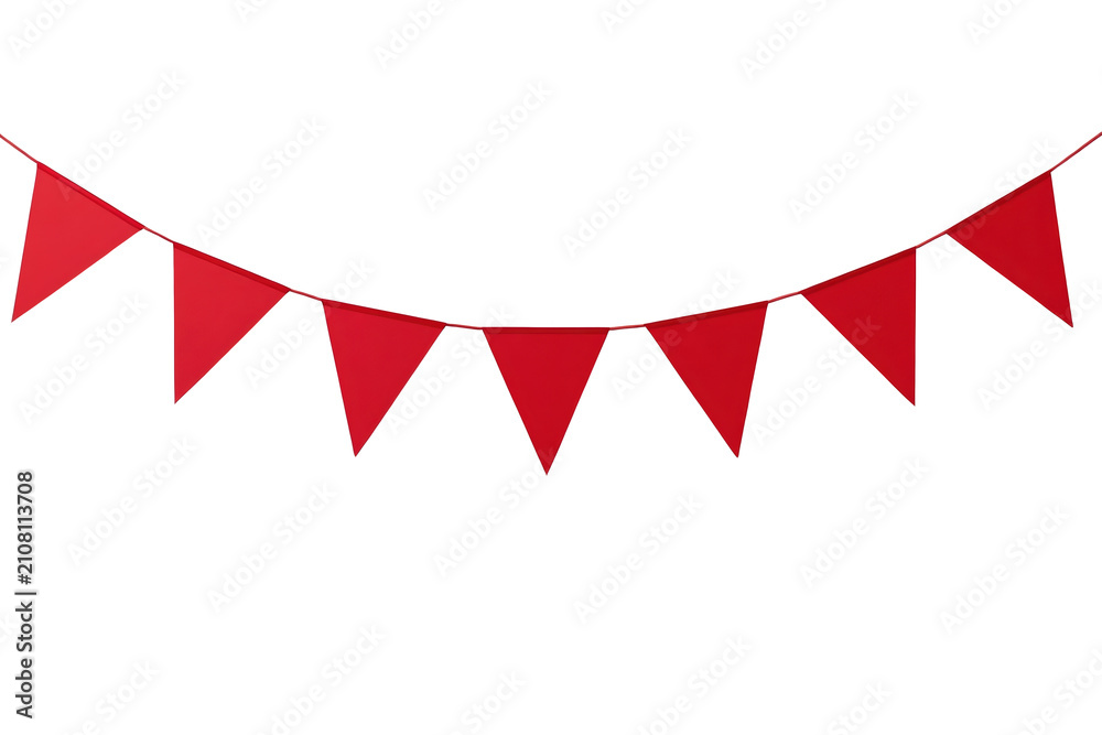 Obraz premium Red triangular flags creating a festive garland, celebrating party decoration, event, festival, or welcome occasion with transparency