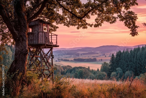 Golden hour view from a wooden hunting stand toward a meadow and woods