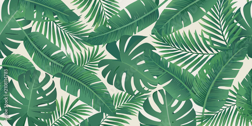 Fényképezés Tropical leaf pattern with monstera and palm fronds vector illustration