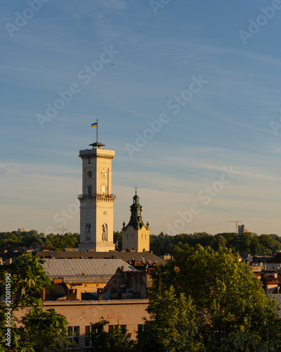 Canvastavla Lviv Town Hall tower at golden hour, Lviv, Ukraine