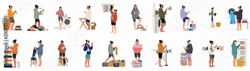 Flat Vector Illustration Set of a Woman Multitasking Laundry Chores and Work Using Technology and Devices at Home