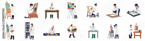 Foto Set of professional art restorers and conservators working on paintings and historical artworks in a laboratory or workshop setting, illustrated in flat style