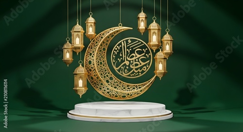 Golden crescent moon with arabic calligraphy and hanging lanterns on a marble podium for islamic celebration