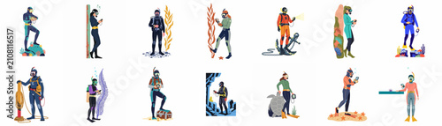 Quadro su tela Set of diverse scuba divers exploring the underwater world, interacting with marine life, and using diving equipment, presented in a flat vector illustration style